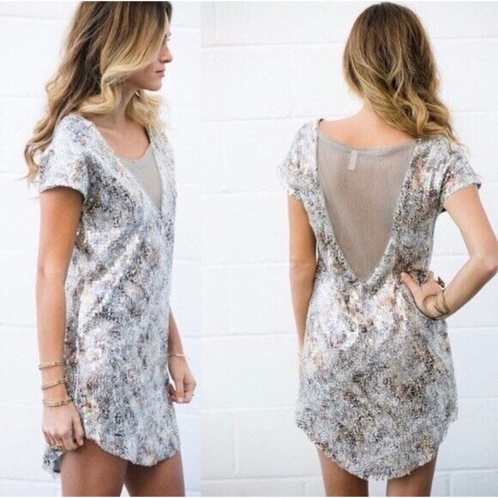 FREE PEOPLE Boho Midnight Dreamer Sequin Mini Tunic Dress Size S Shimmer